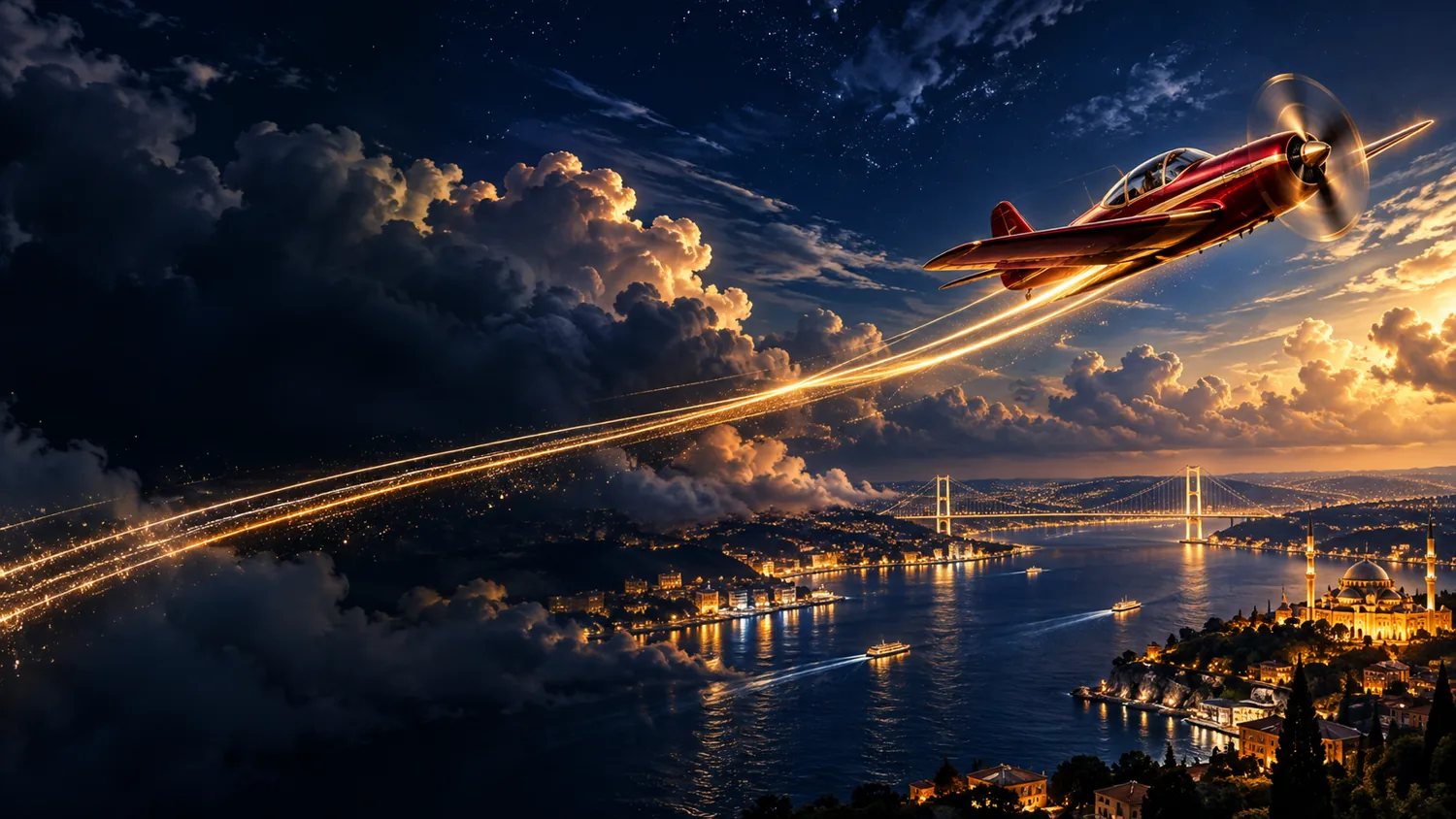 Gece gökyüzünde yükselen temsili kırmızı pervaneli uçak